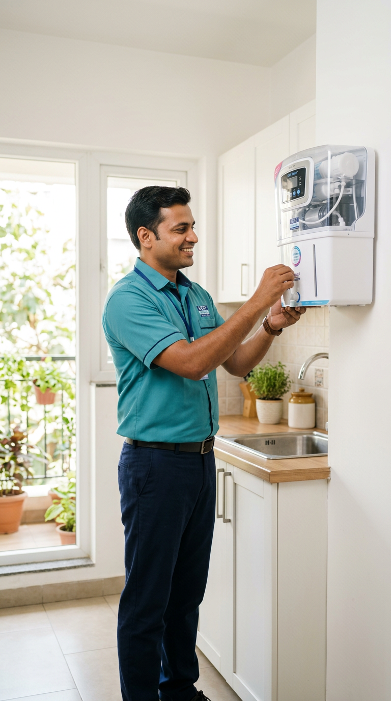 Aquaguard RO technician servicing a water purifier in Bangalore